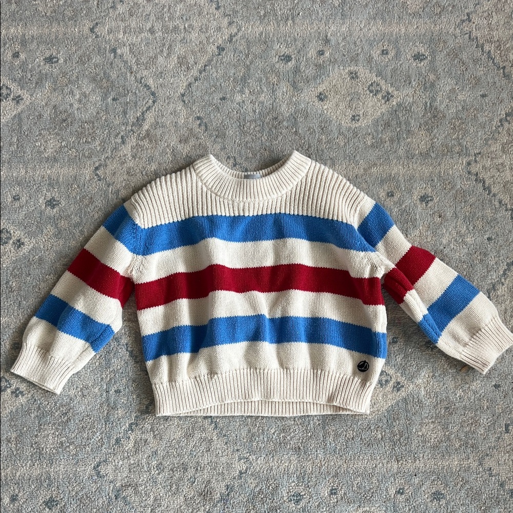 Petit Bateau Cream Knit Sweater with Blue and red stripes